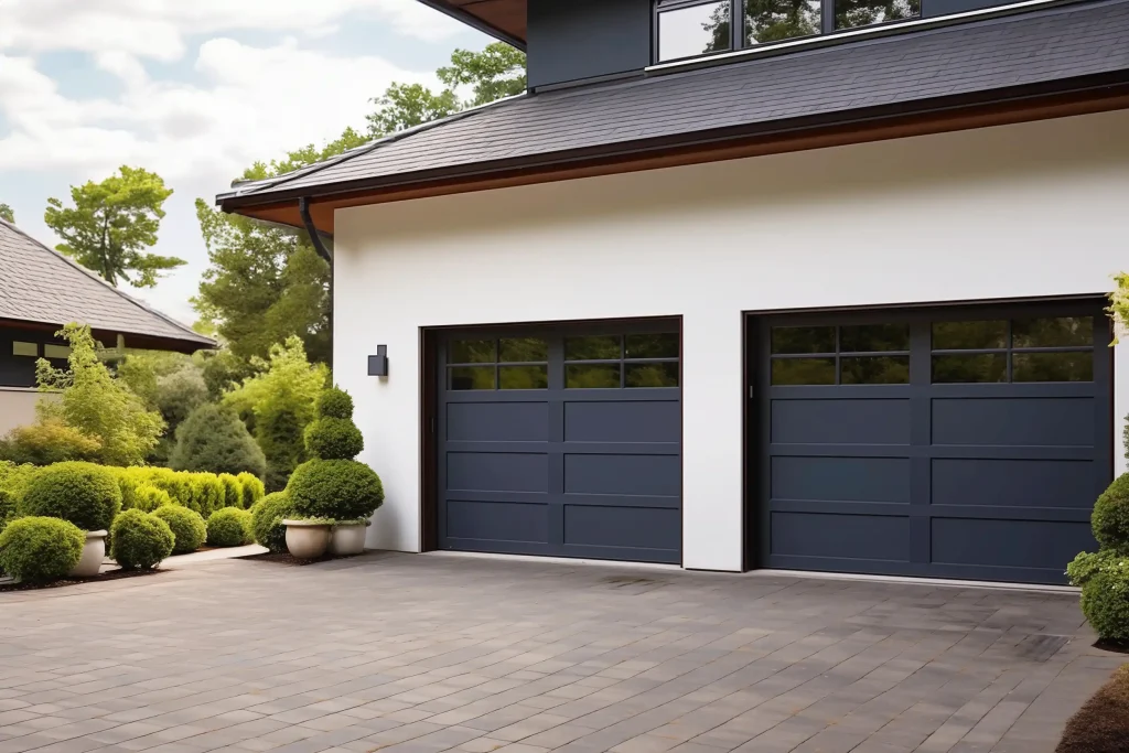 A modern white garage with two dark gray garage doors, a paved driveway, and neatly landscaped shrubs and trees.