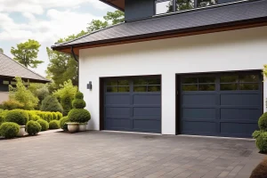 A modern white garage with two dark gray garage doors, a paved driveway, and neatly landscaped shrubs and trees.
